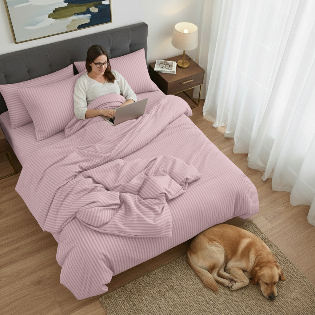 Woman using a laptop on a bed with pink bedding, a dog lying on the floor.