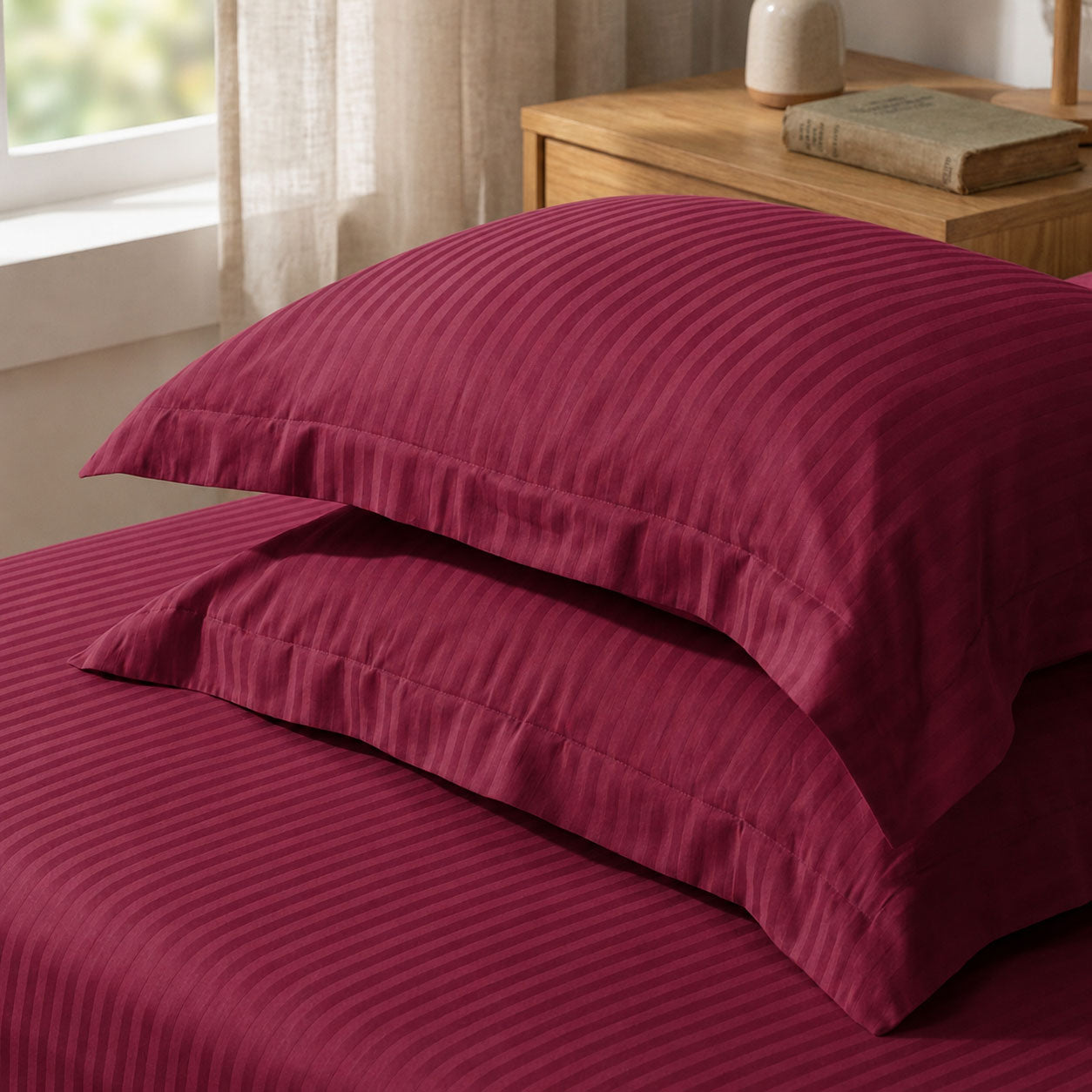 One Pair Burgundy Striped 100% Cotton Sateen Oxford Pillowcase