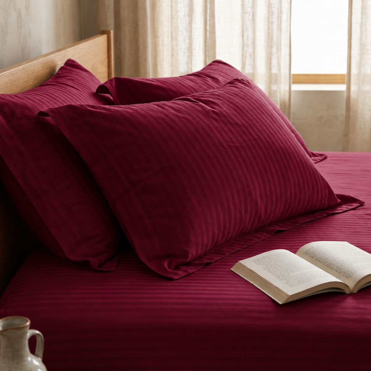 One Pair Burgundy Striped 100% Cotton Sateen Oxford Pillowcase