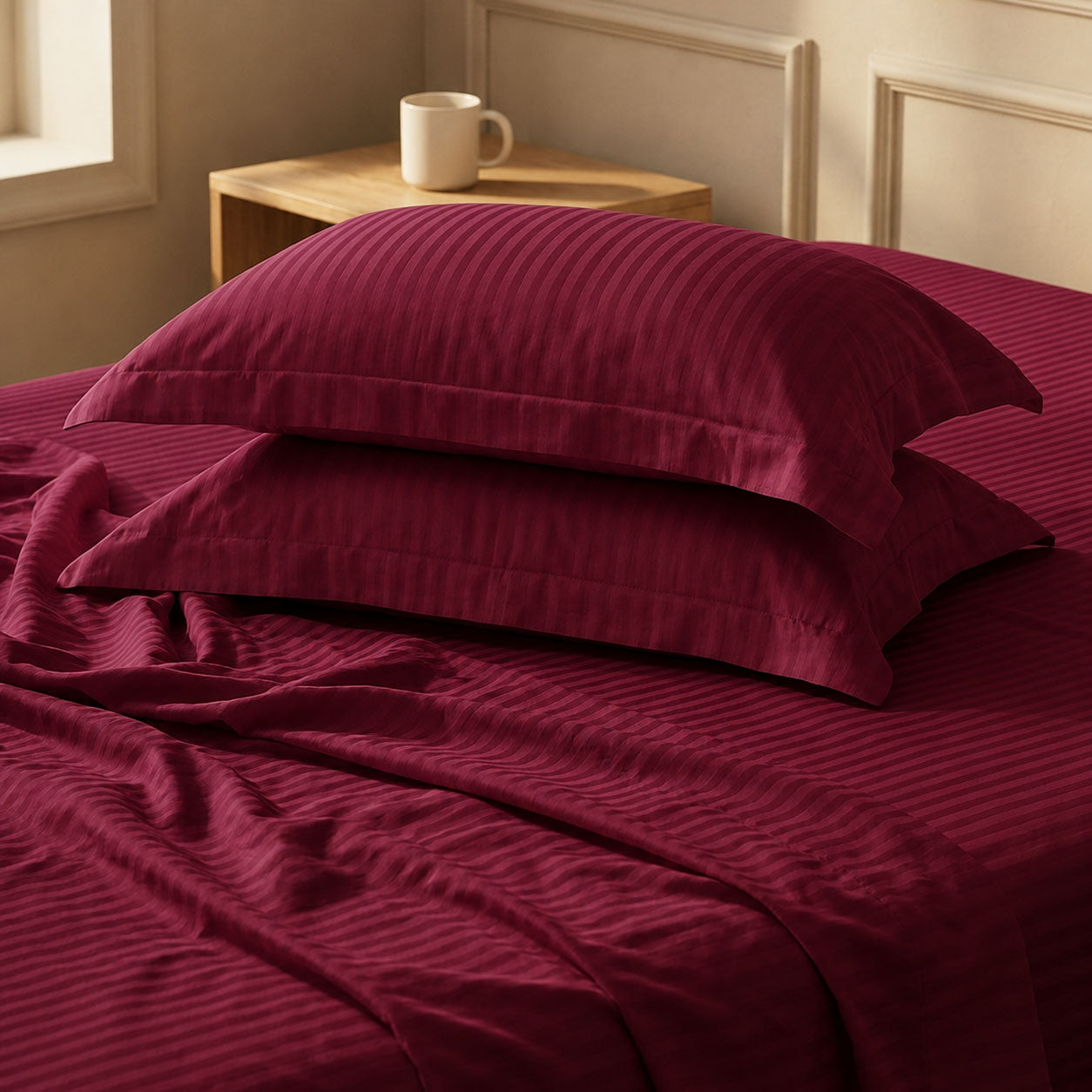 One Pair Burgundy Striped 100% Cotton Sateen Oxford Pillowcase