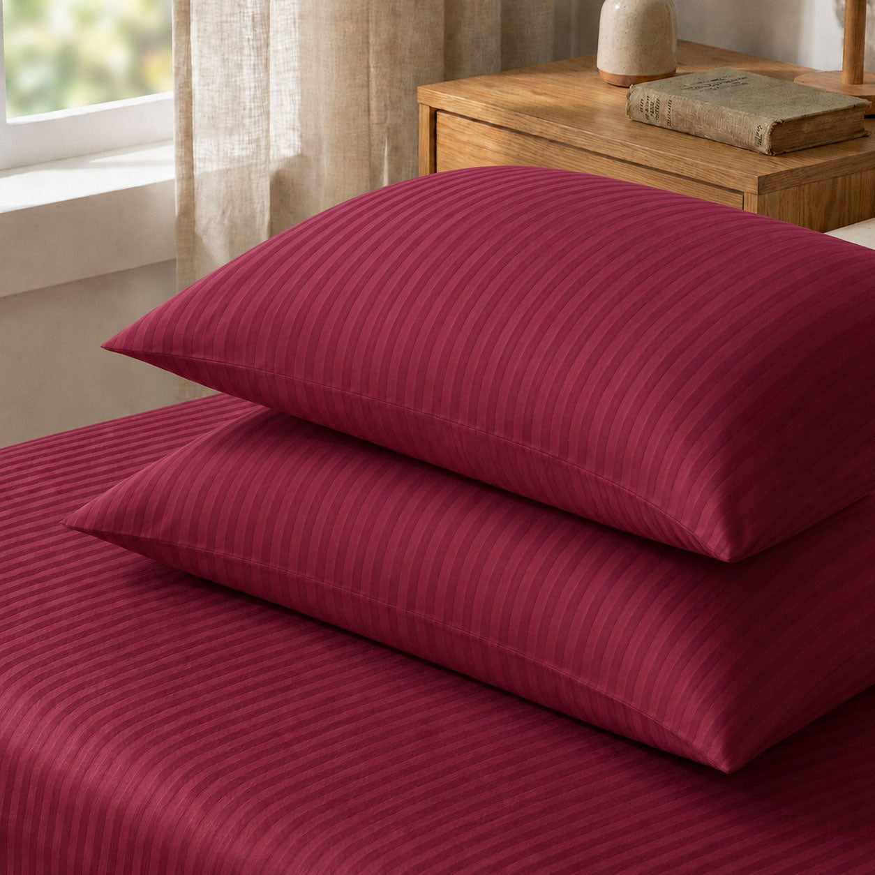 One Pair Burgundy Striped 100% Cotton Sateen Standard Pillowcase