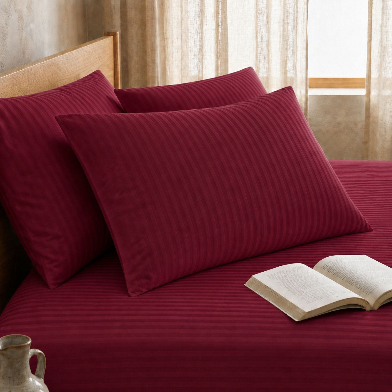 One Pair Burgundy Striped 100% Cotton Sateen Standard Pillowcase