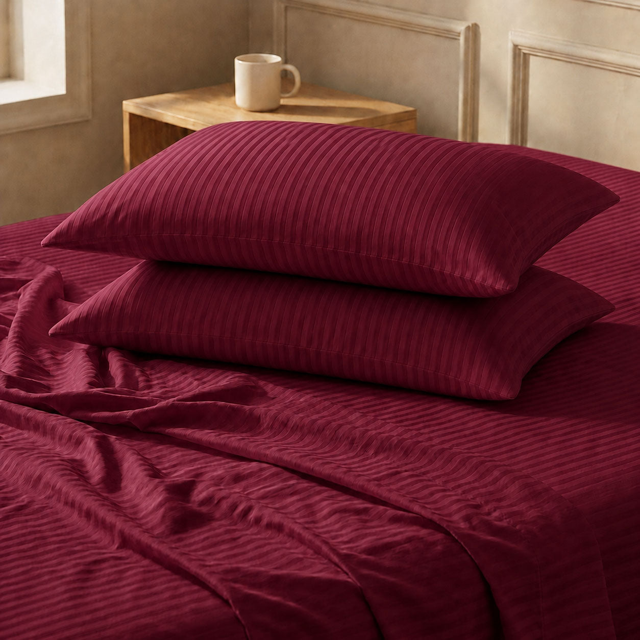 One Pair Burgundy Striped 100% Cotton Sateen Standard Pillowcase