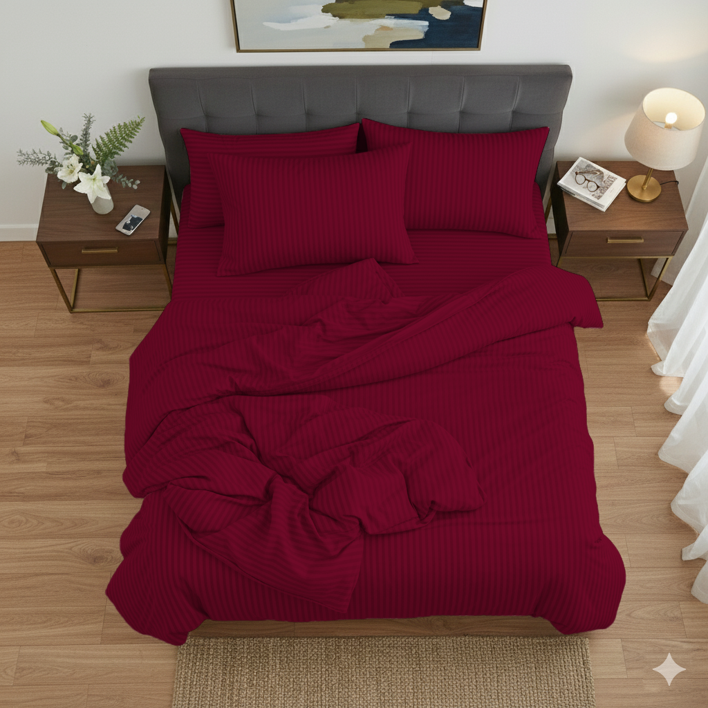 Red bedspread set on a bed in a bedroom with wooden floors and a lamp.