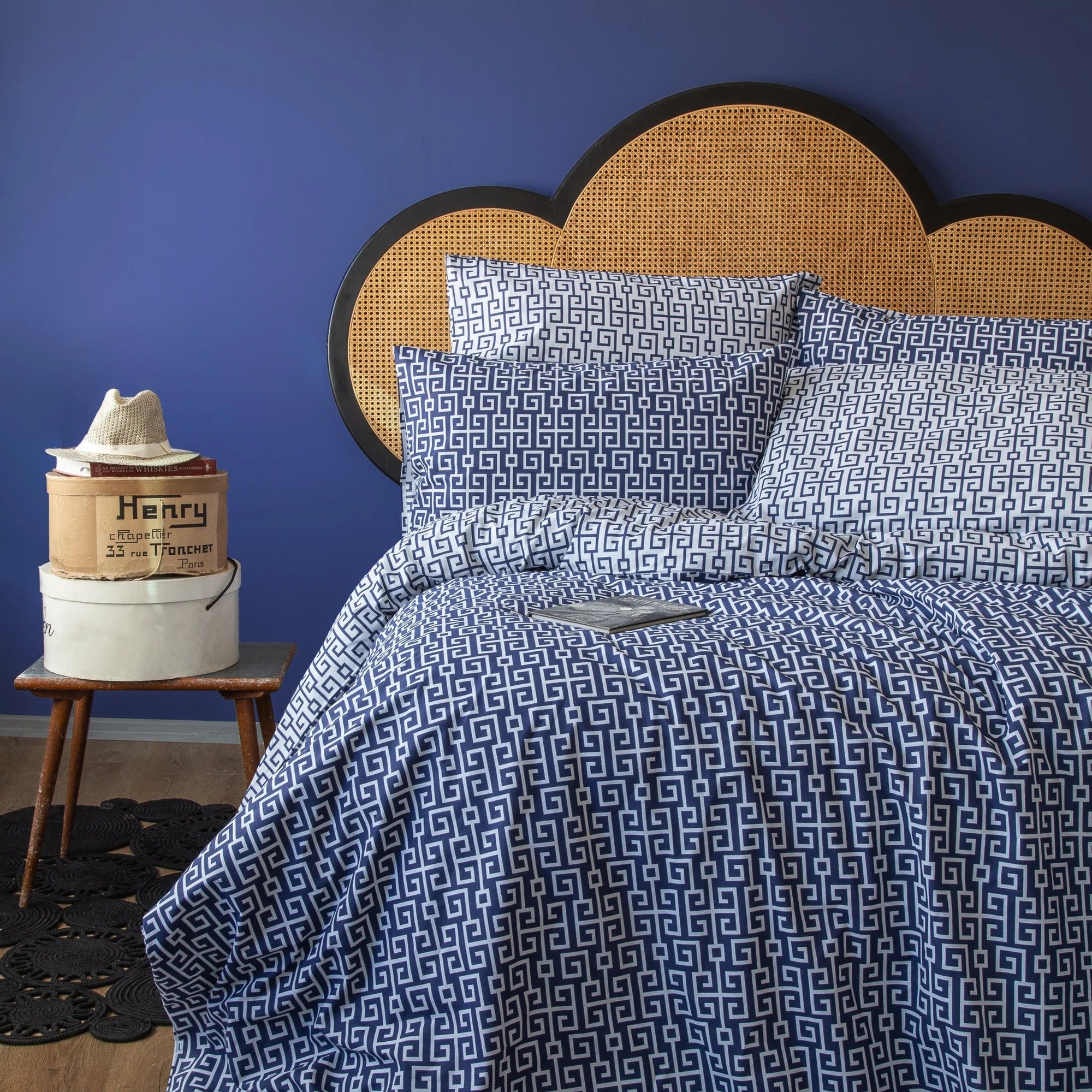 Parure de lit avec housse de couette en coton, bleu marine, clé grecque, classe (UE)