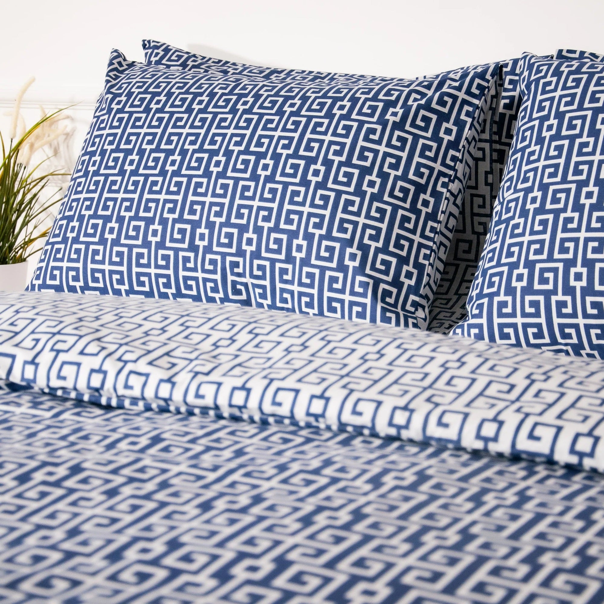 Parure de lit avec housse de couette en coton, bleu marine, clé grecque, classe (UE)