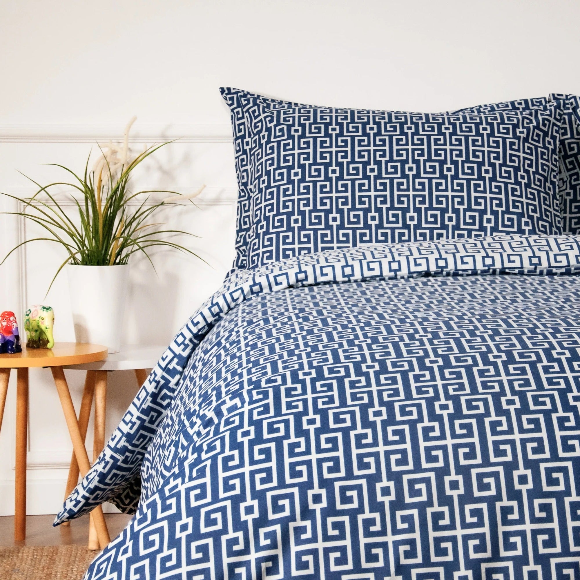 Parure de lit avec housse de couette en coton, bleu marine, clé grecque, classe (UE)