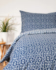 Parure de lit avec housse de couette en coton, bleu marine, clé grecque, classe (UE)