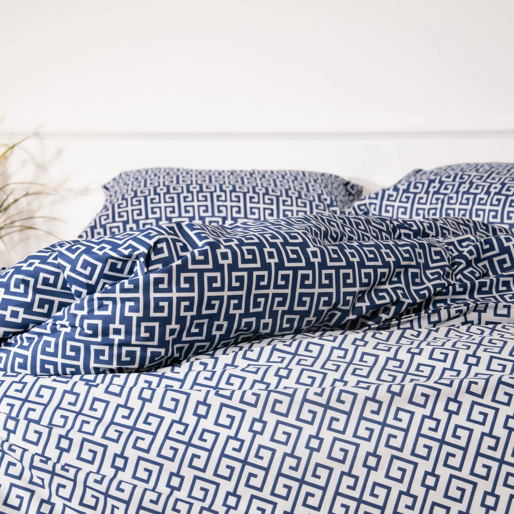 Parure de lit avec housse de couette en coton, bleu marine, clé grecque, classe (UE)