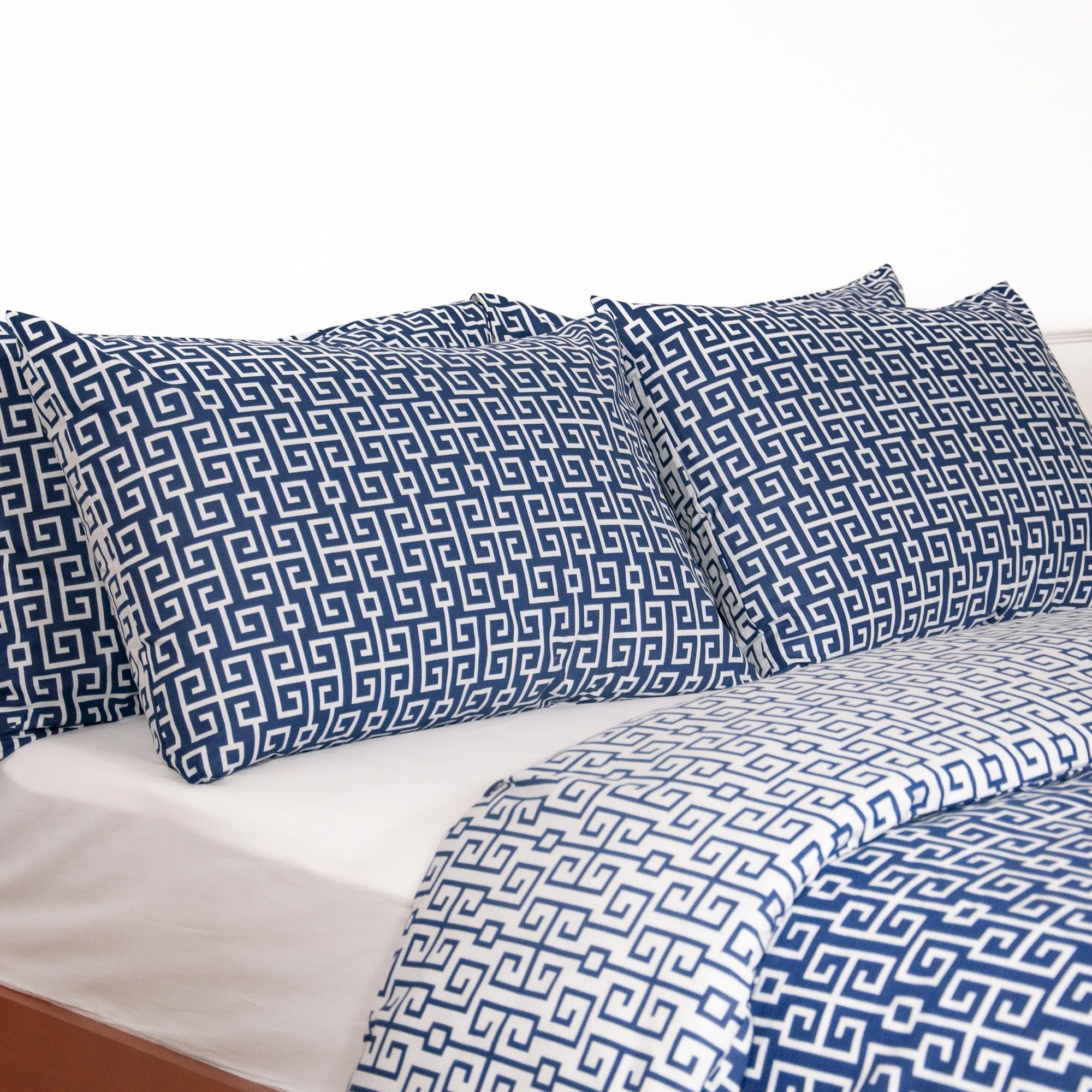 Parure de lit avec housse de couette en coton, bleu marine, clé grecque, classe (UE)