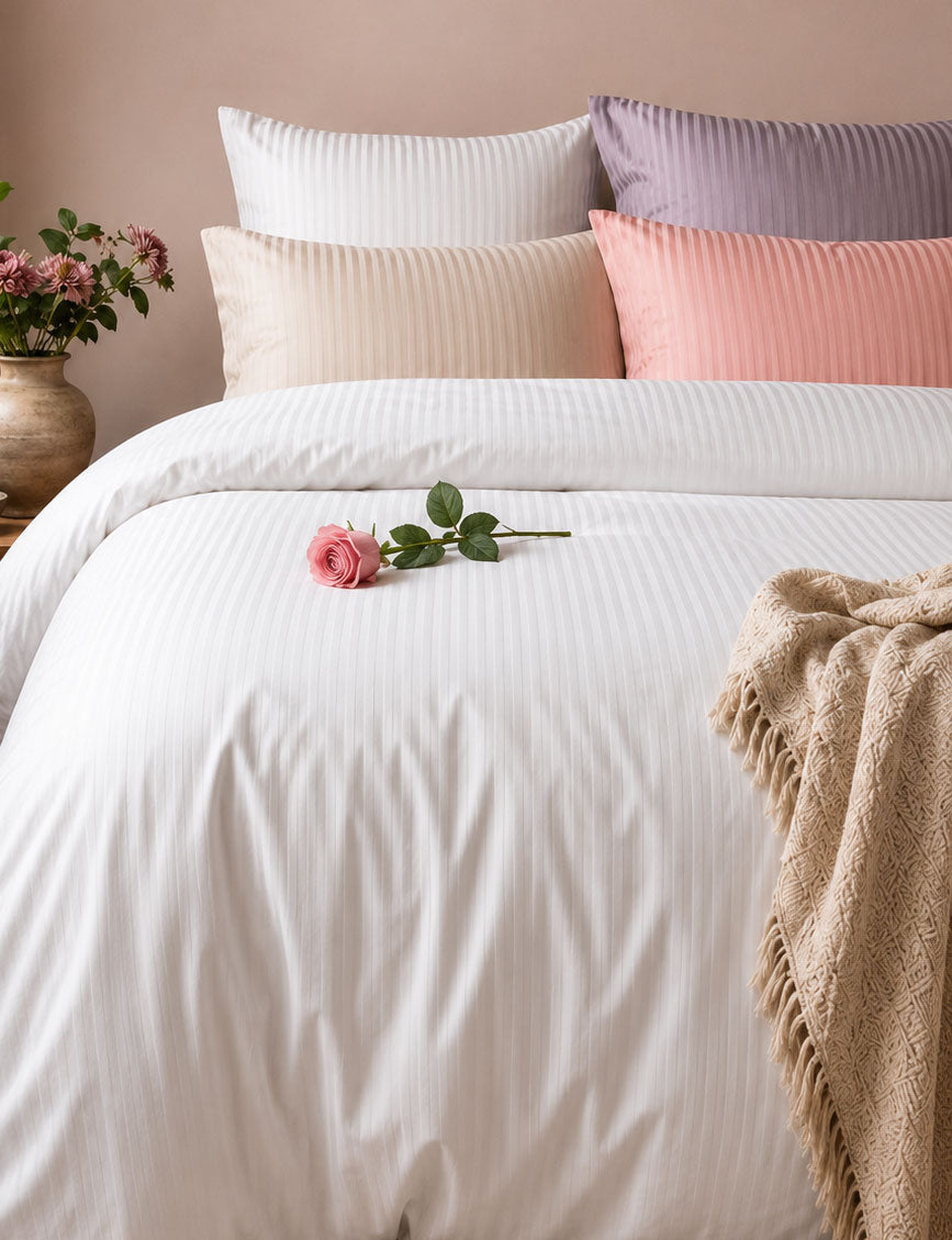 A styled bed with white striped bedding, matching pillows in white, cream, pink, and lavender, a beige throw blanket, and a single pink rose on the duvet against a soft beige wall.