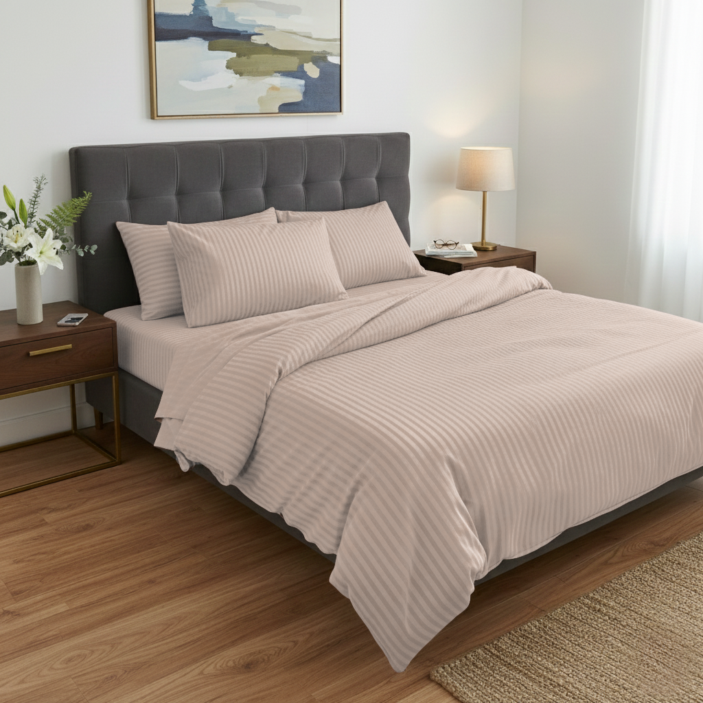 Neatly made bed with beige bedding in a bedroom setting.