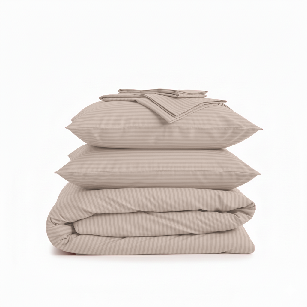 Stack of beige bedding including a duvet and two pillows on a white background