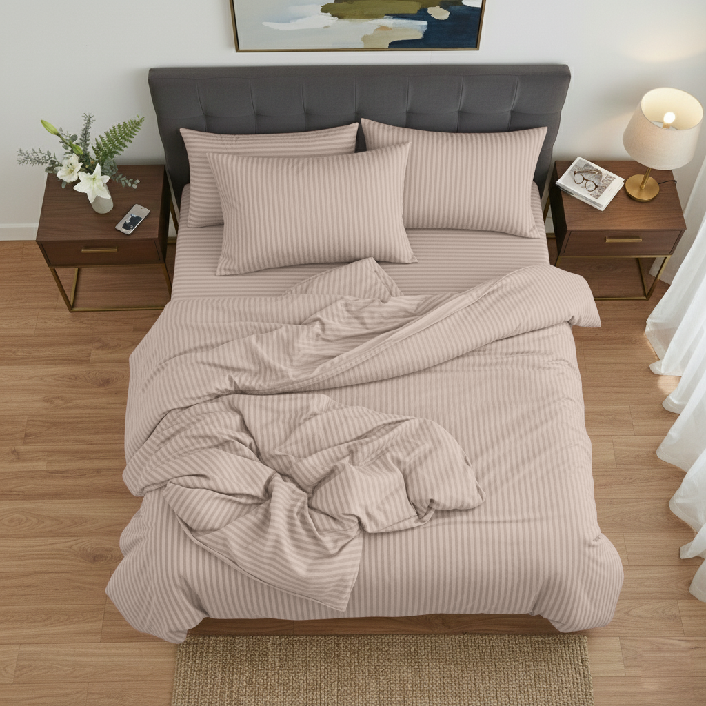 Beige striped bedding set on a bed in a bedroom with wooden floors and decor.