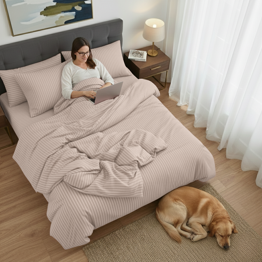 Woman using a laptop on a bed with a dog sleeping on the floor in a cozy bedroom.