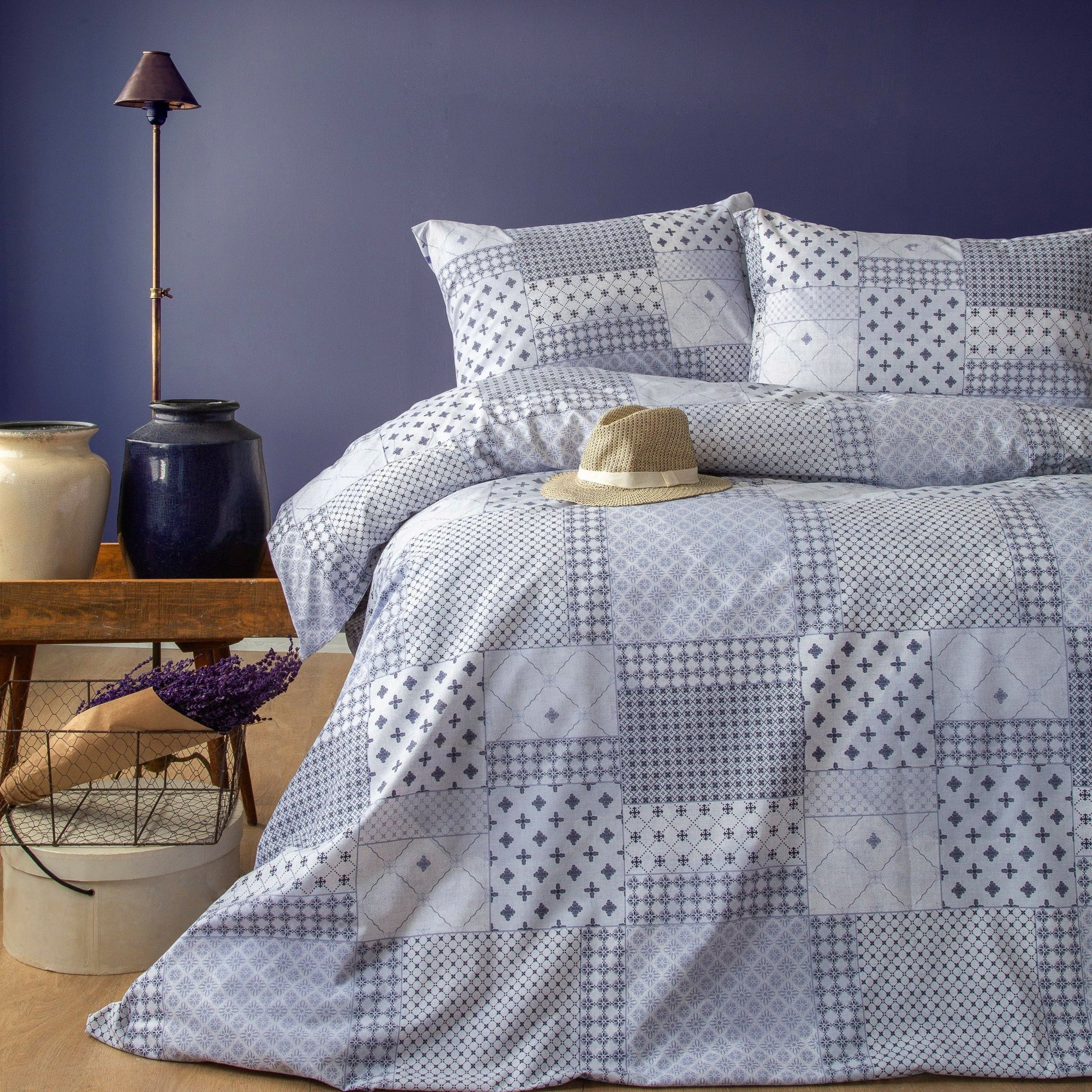 Parure de lit housse de couette en coton patchwork bleu-gris Cumbus (UE)