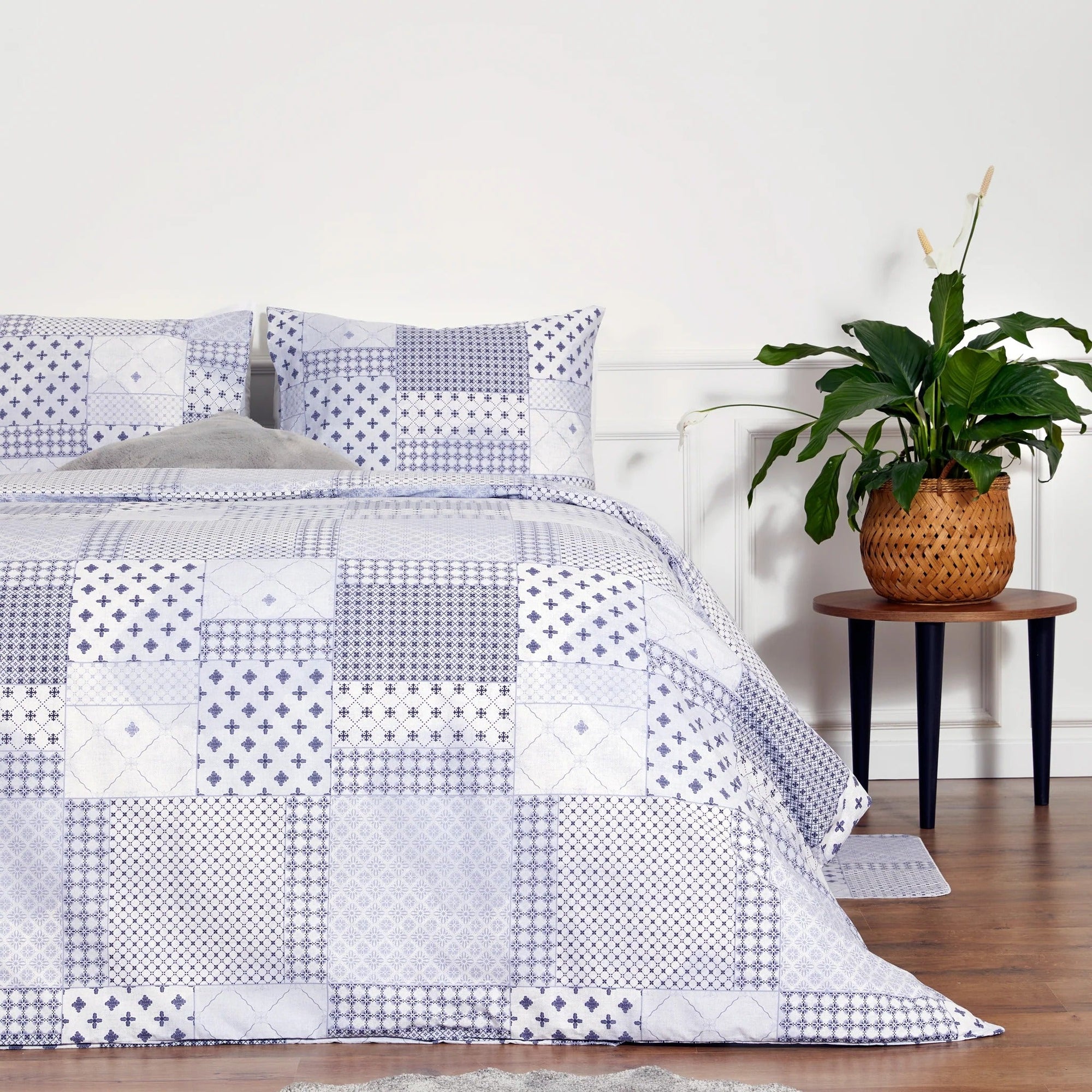 Parure de lit housse de couette en coton patchwork bleu-gris Cumbus (UE)