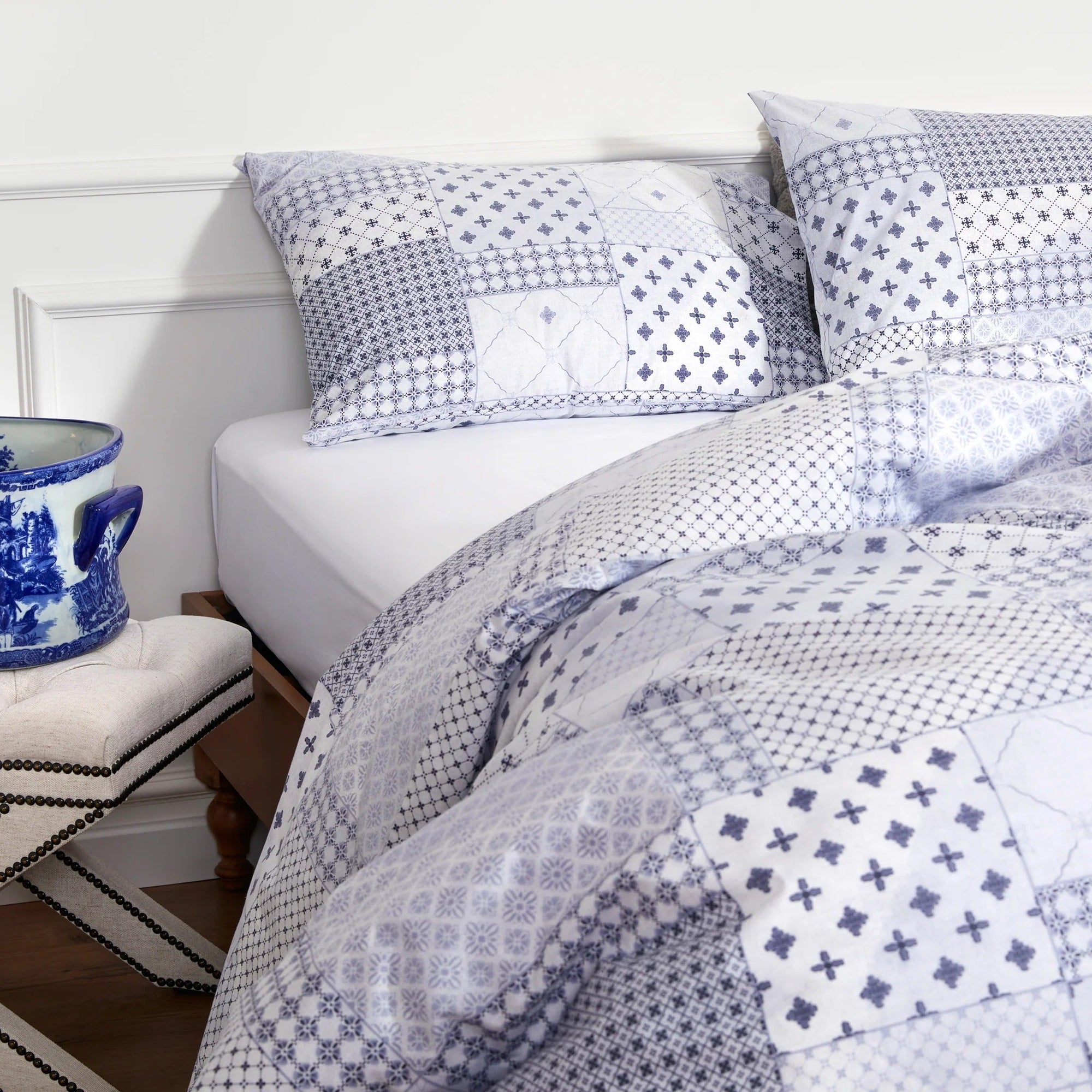 Parure de lit housse de couette en coton patchwork bleu-gris Cumbus (UE)