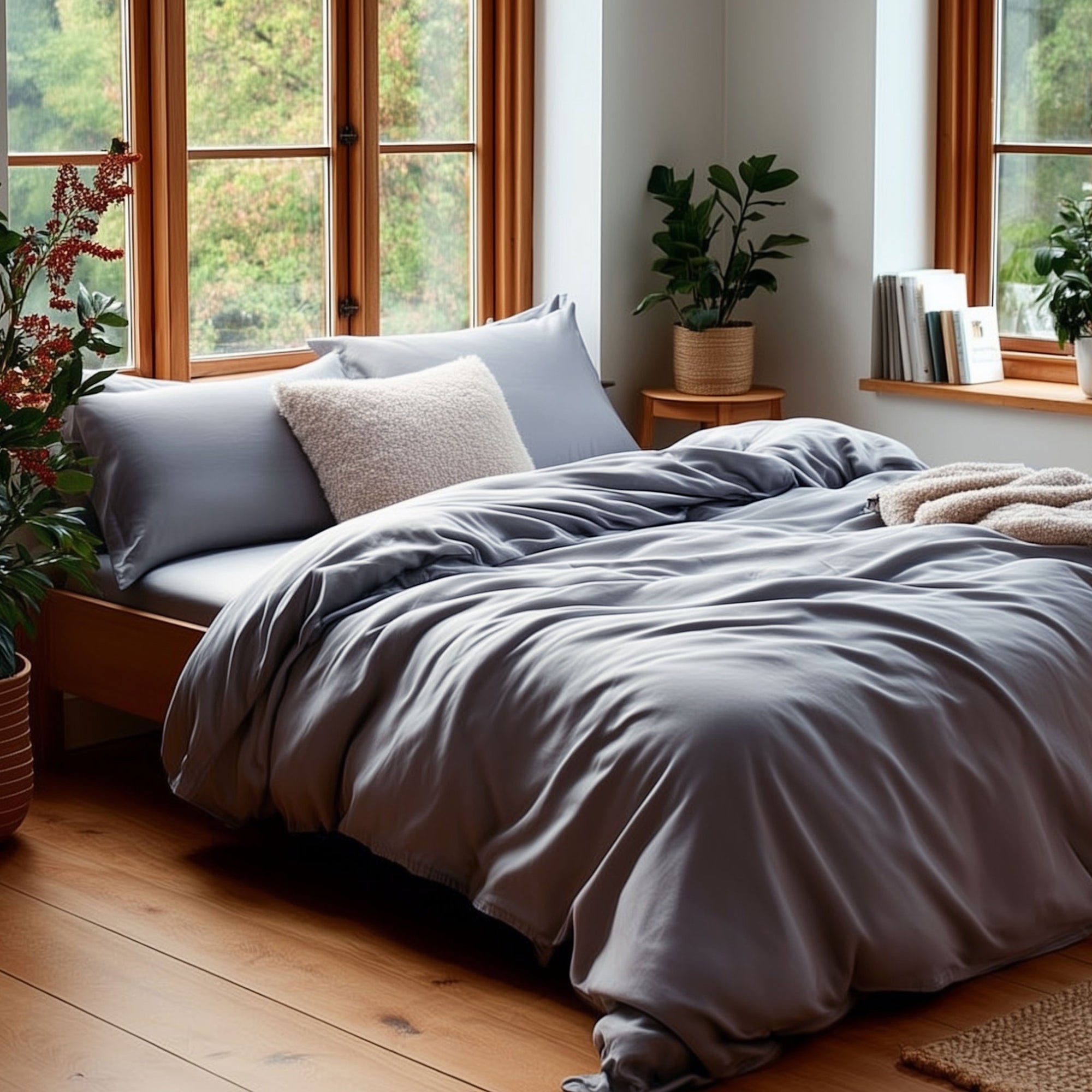 Neatly made bed with gray bedding in a bright bedroom with large windows.