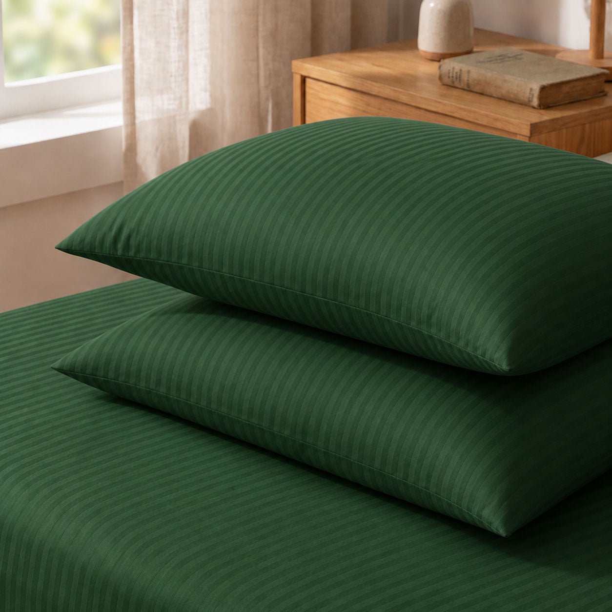One Pair Green Striped 100% Cotton Sateen Standard Pillowcase