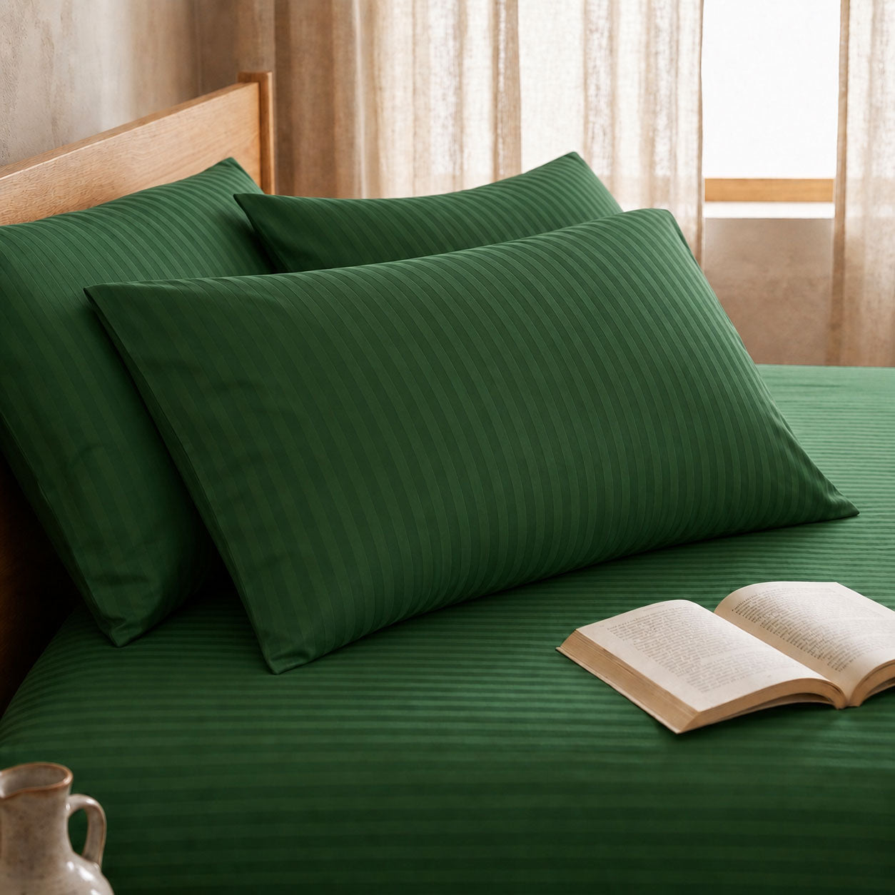 One Pair Green Striped 100% Cotton Sateen Standard Pillowcase