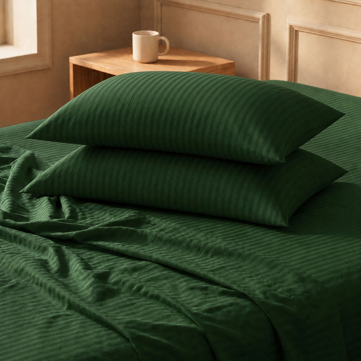 One Pair Green Striped 100% Cotton Sateen Standard Pillowcase