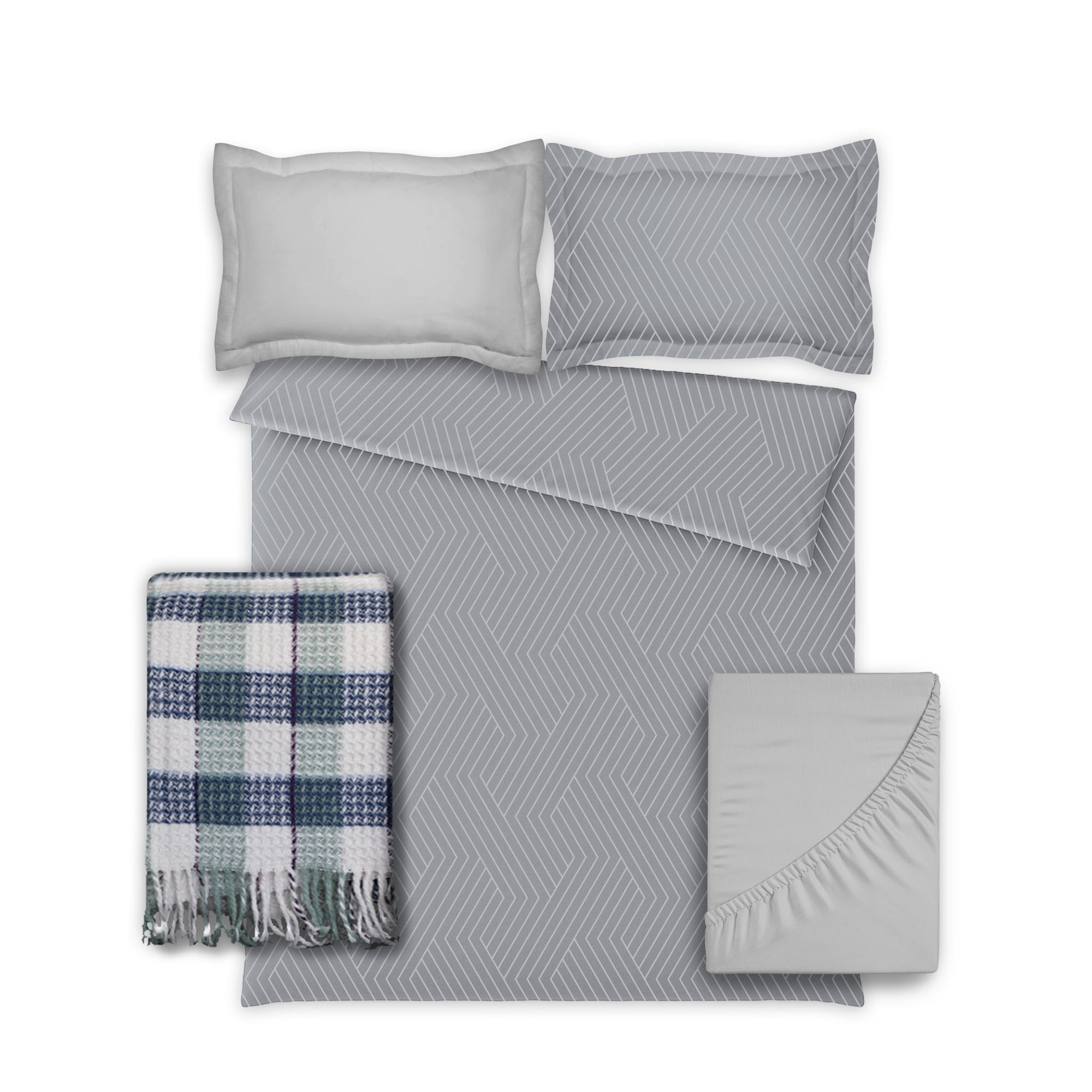 Gray textured bedding set with plaid throw blanket on a white background
