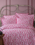 Parure de lit en pure percale, ensemble de housse de couette à petites fleurs blanches et magenta