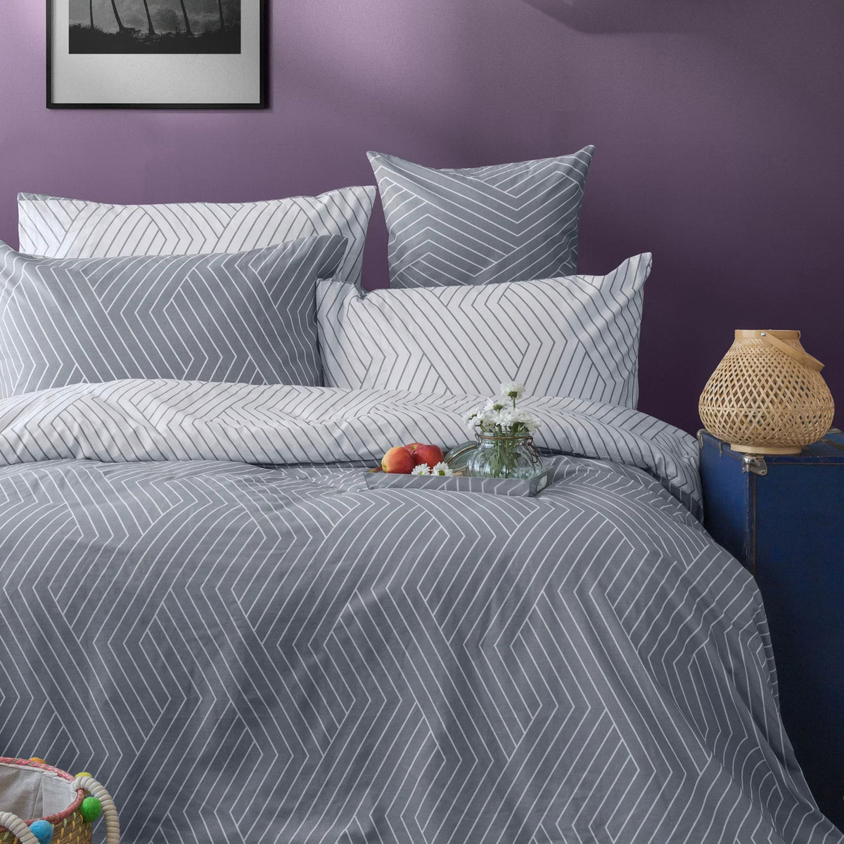 Bettwäsche Sets aus Baumwolle Grau Weiß gestreift modern Bettbezug Set