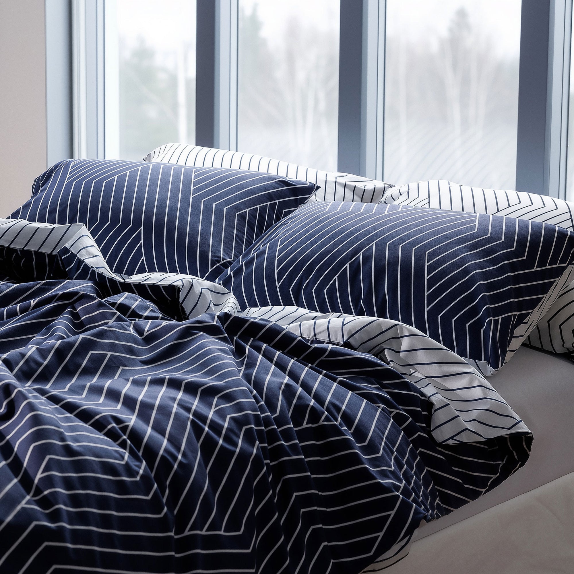 Navy blue and white striped bedding set on a bed with large windows in the background.