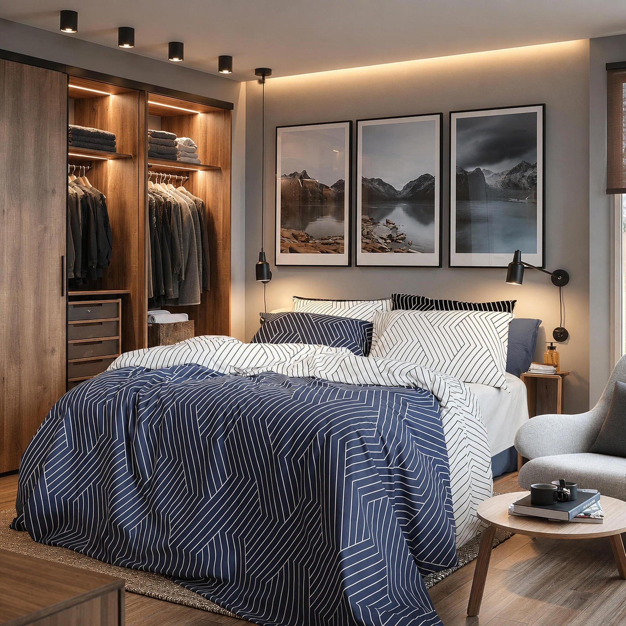 A styled bedroom interior featuring a bed dressed in navy and white patterned bedding, with three framed mountain landscape prints on the wall above. The room includes a wooden walk-in closet, bedside tables, wall lamps, and a light gray armchair.
