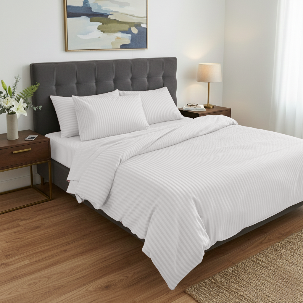Neatly made bed with white bedding in a bedroom setting.