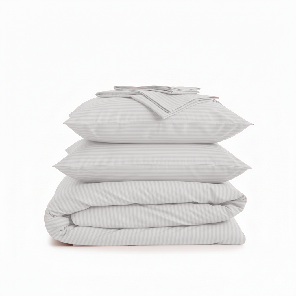 Stack of light gray bedding on a white background