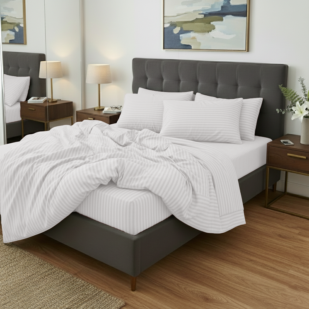 Bedroom with a gray upholstered bed and white bedding