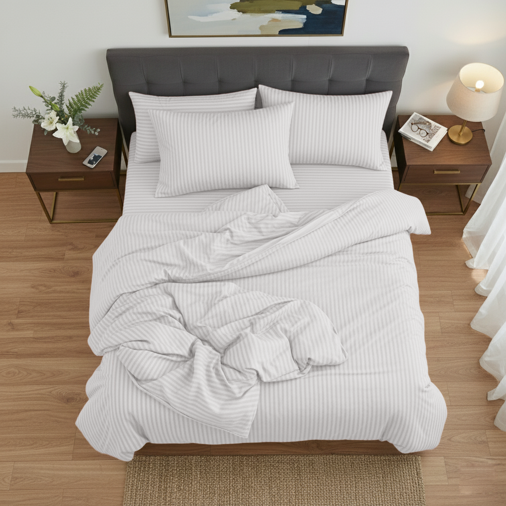 Bed with white striped bedding in a bedroom setting