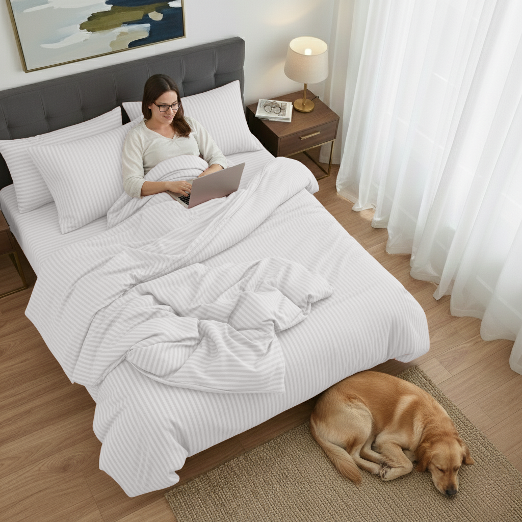 Woman using a laptop on a bed with a dog sleeping on the floor in a cozy bedroom.