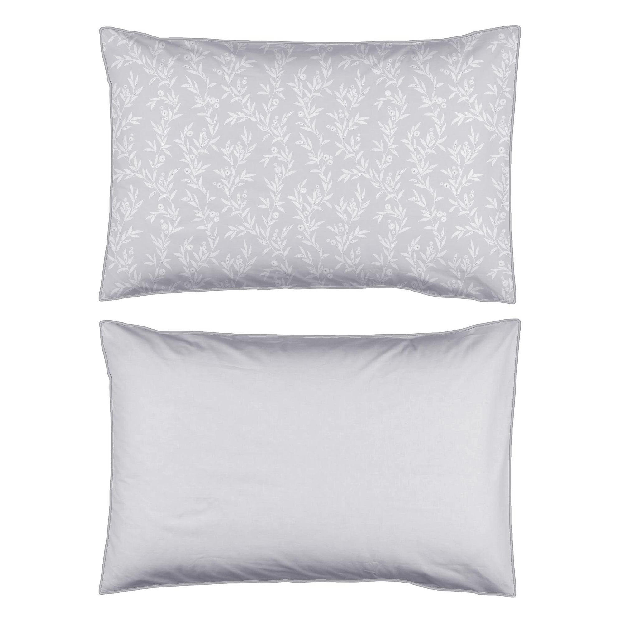 Une paire de taies d&#39;oreiller standard en percale de coton 200 fils, motif floral gris pur