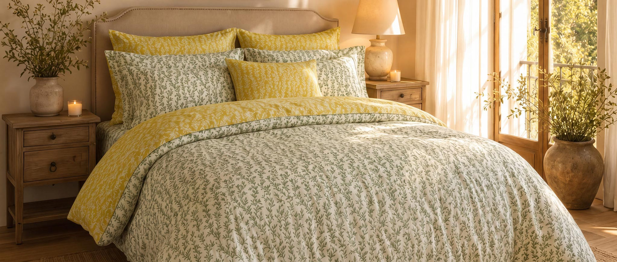 Bedroom with a bed covered in green and yellow patterned bedding, nightstands, and lamps.