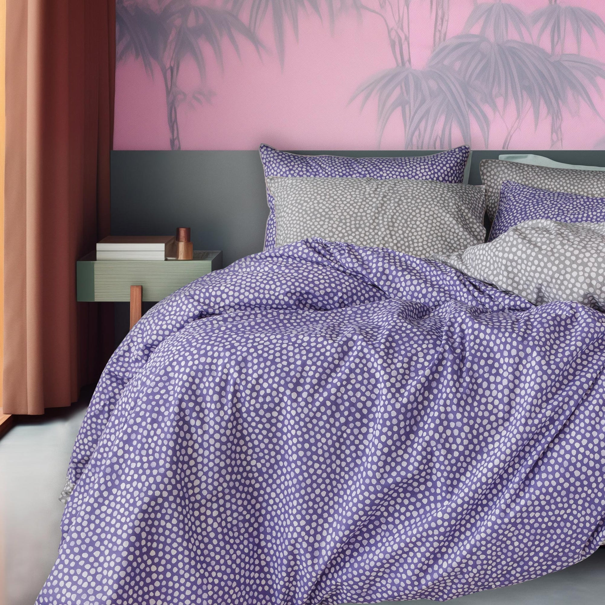 Lila und grau gepunktetes Baumwoll-Bettbezug-Set