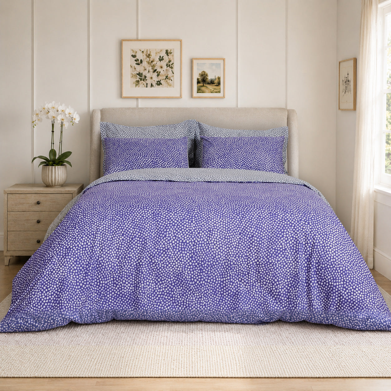 purple lavender grey polka dots luxury duvet cover set cotton percale bedding 002