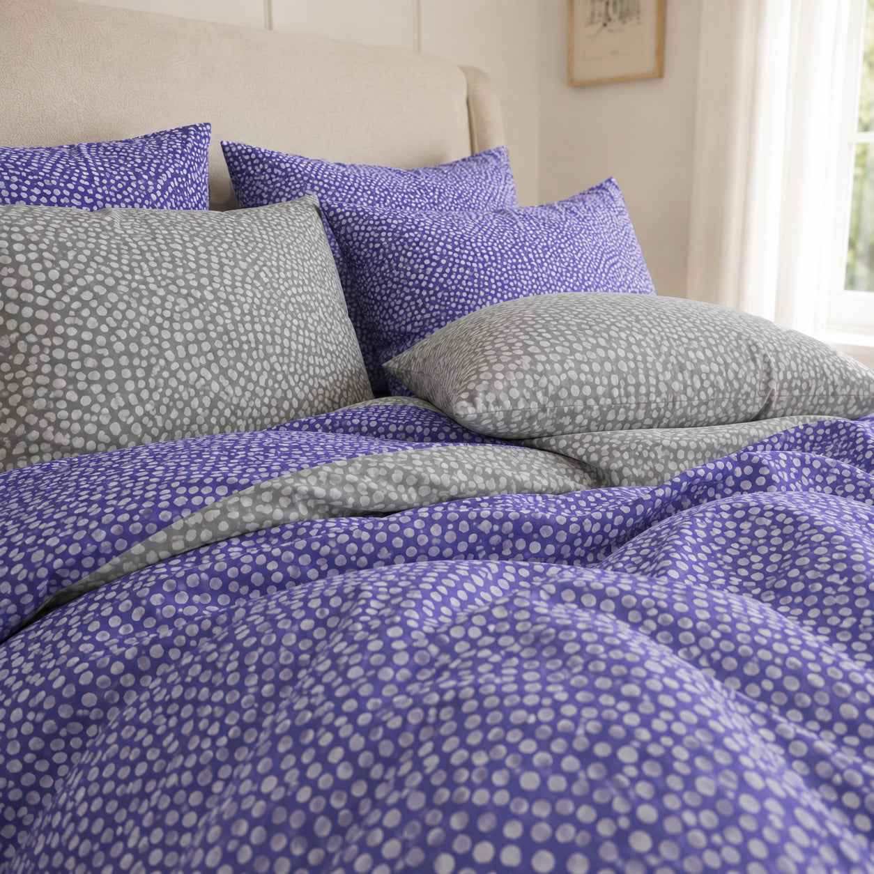 purple lavender grey polka dots luxury duvet cover set cotton percale bedding 003