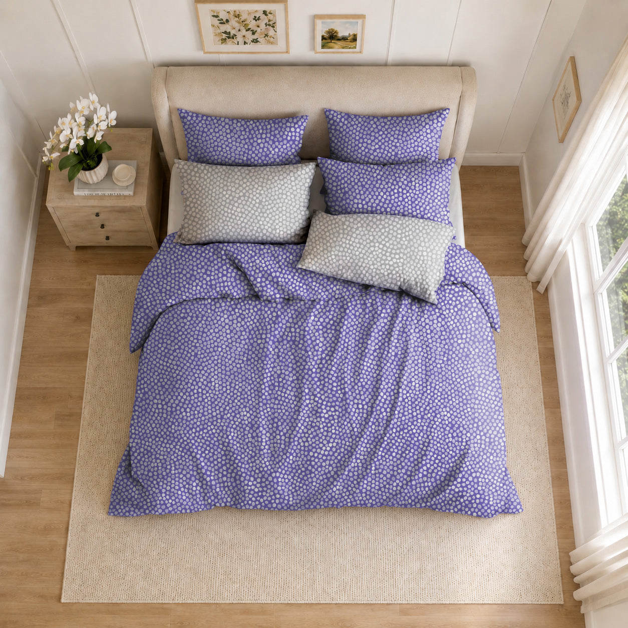 purple lavender grey polka dots luxury duvet cover set cotton percale bedding 005