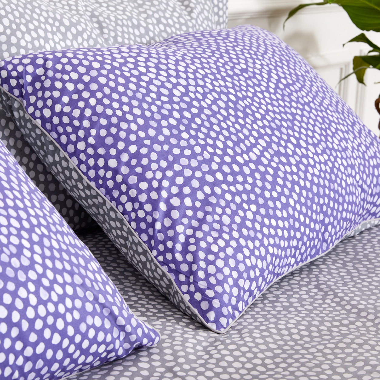 purple lavender grey polka dots luxury duvet cover set cotton percale bedding 006