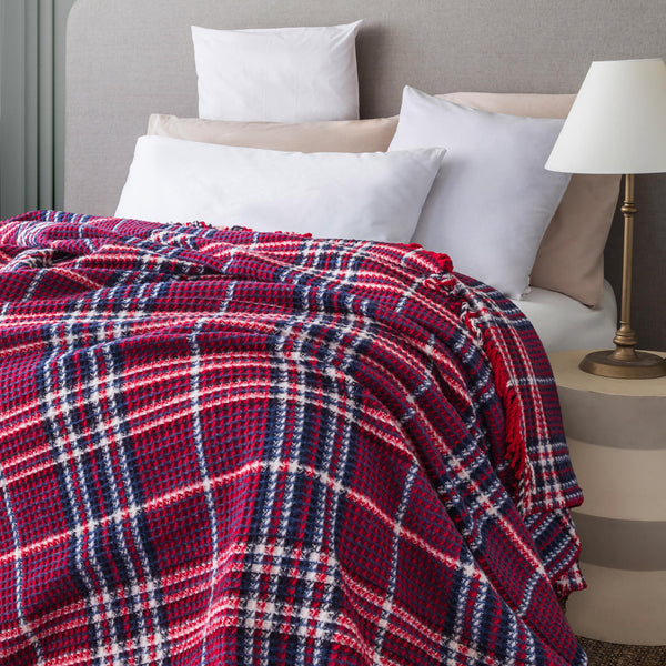 Recycled Red & Navy Plaid Checker Tartan Waffle Eco Throw Blanket