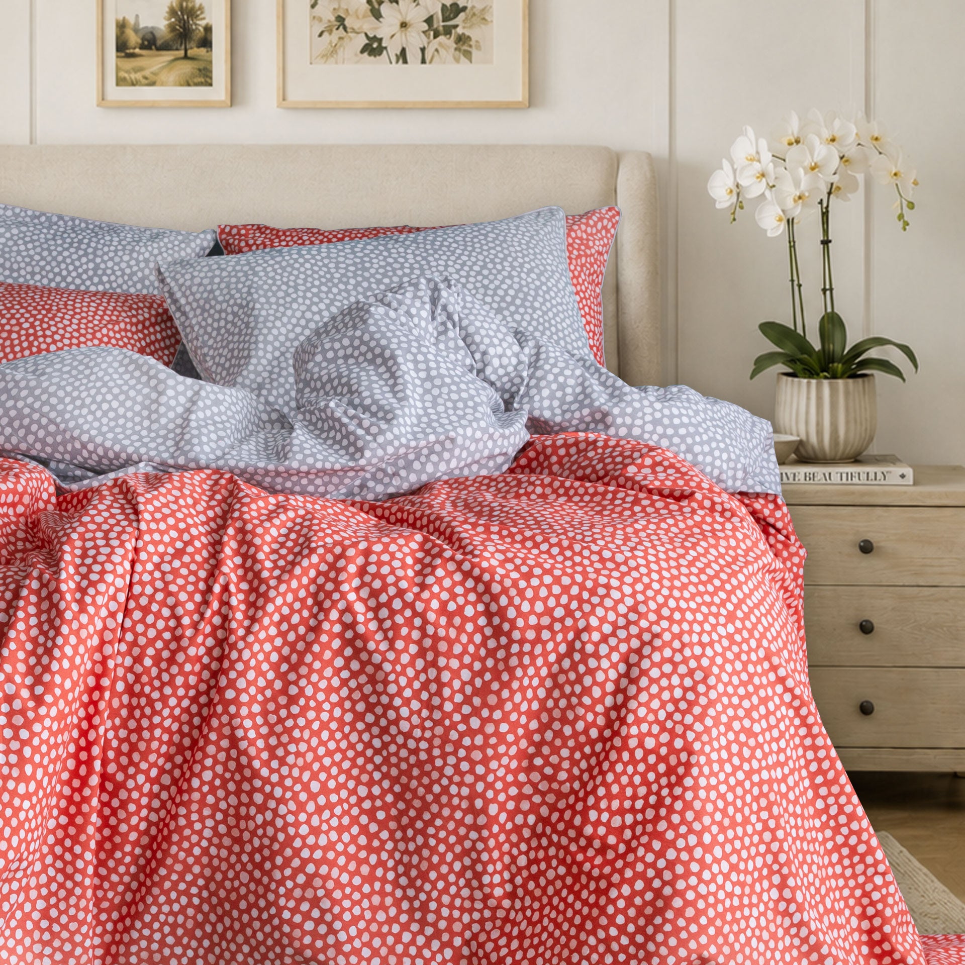 red coral orange grey polka dots luxury duvet cover set cotton percale bedding 001