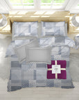 Gray and white checkered duvet set with a purple square on a bed in a bright room.