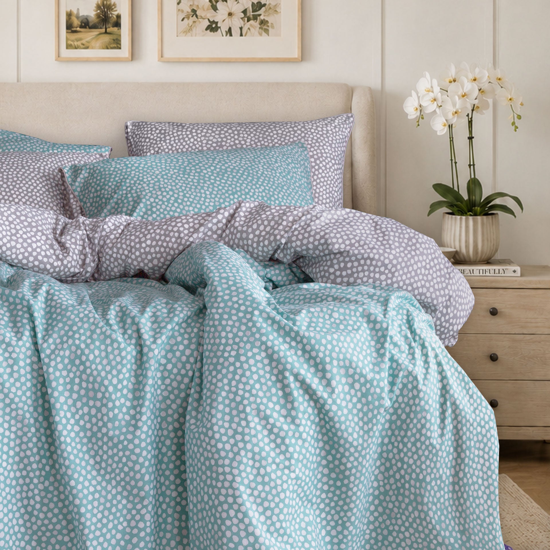 turquoise blue grey polka dots luxury duvet cover set cotton percale bedding 001