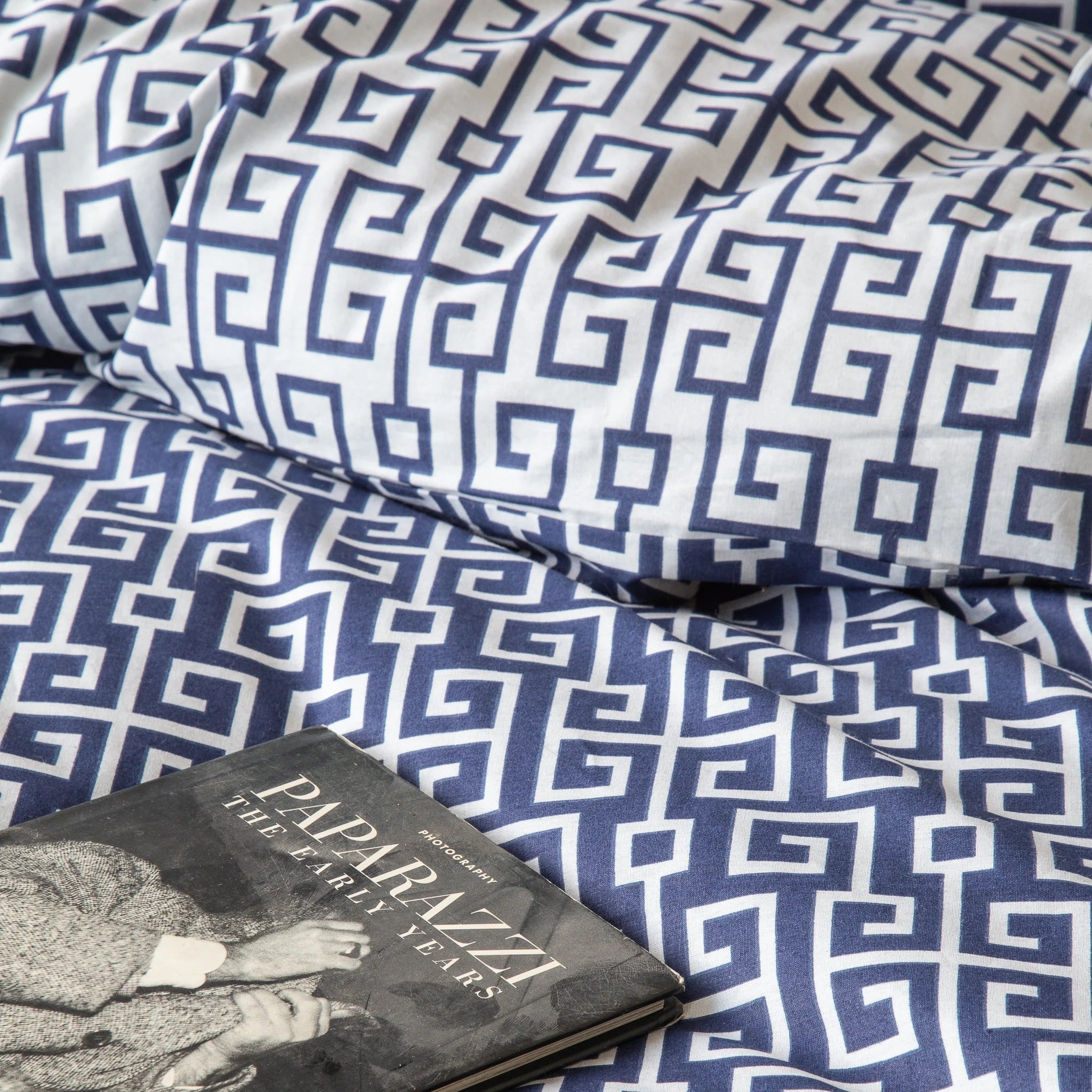 Classy Navy Blue Greek Key Cotton Duvet Cover Bedding Set