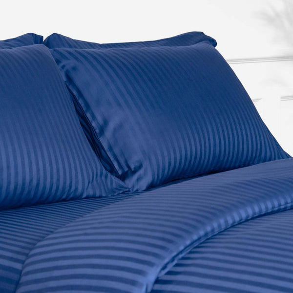 Navy Blue Striped 100% Cotton Sateen Duvet Cover