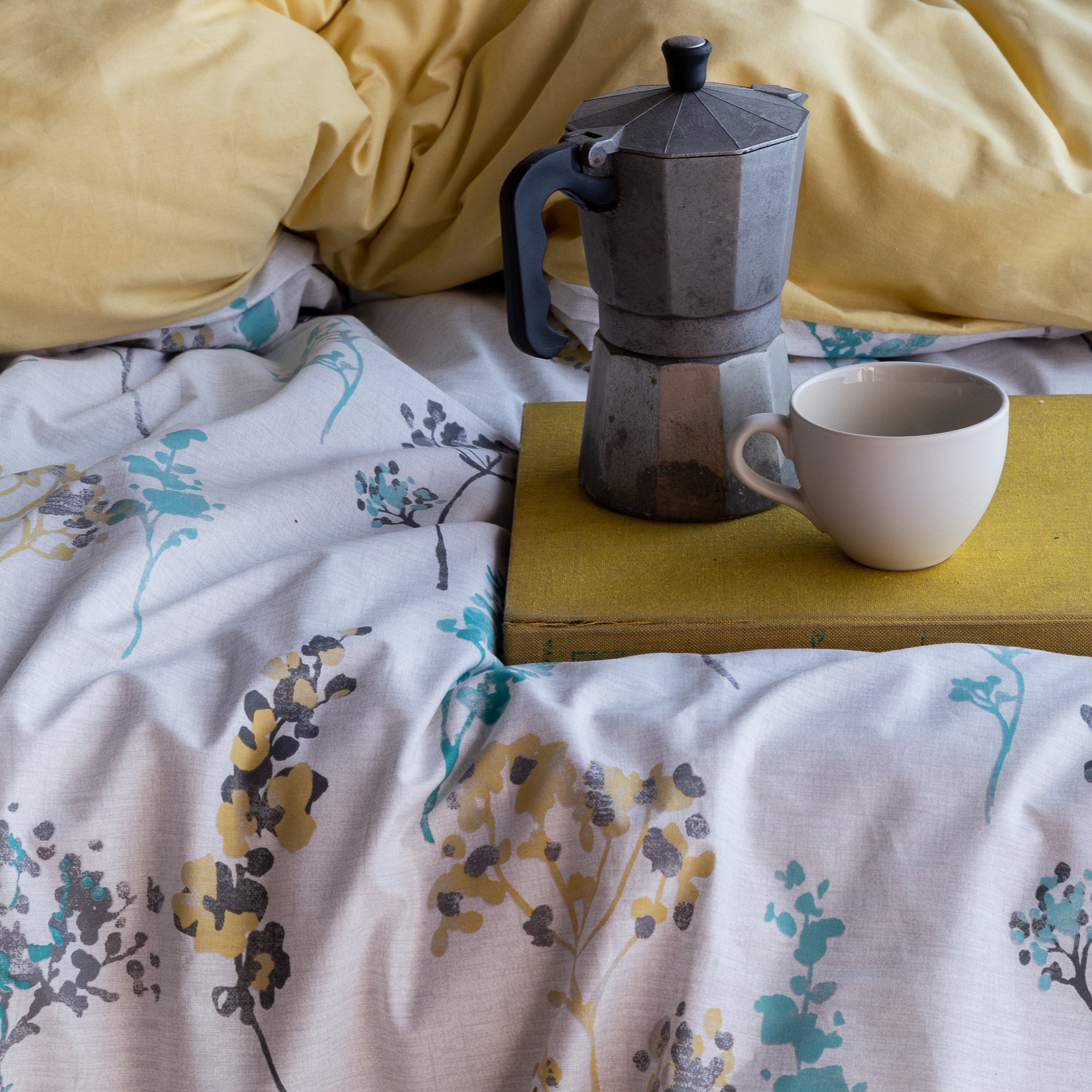 Parure de lit housse de couette en coton fleuri jaune bleu Provance